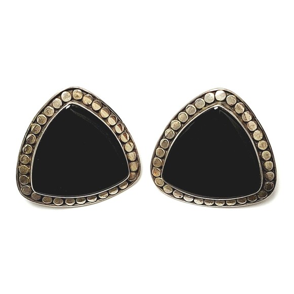 925k Sterling Silver Black Onyx Artisan Pounded Triangle Stud 18 Grams VTG EUC! - Picture 1 of 12